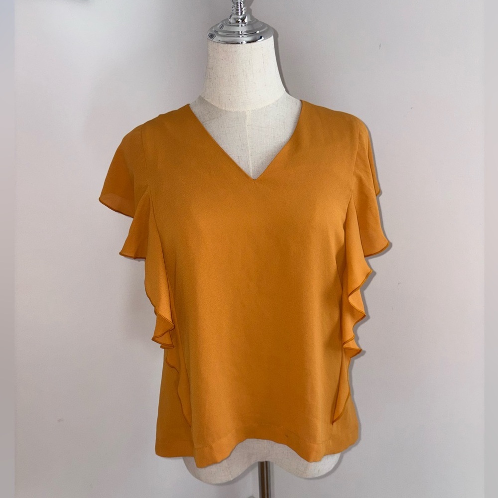 Ann Taylor Factory‎ Orange/Gold Chiffon V-Neck Flutter Sleeve Blouse Size Small